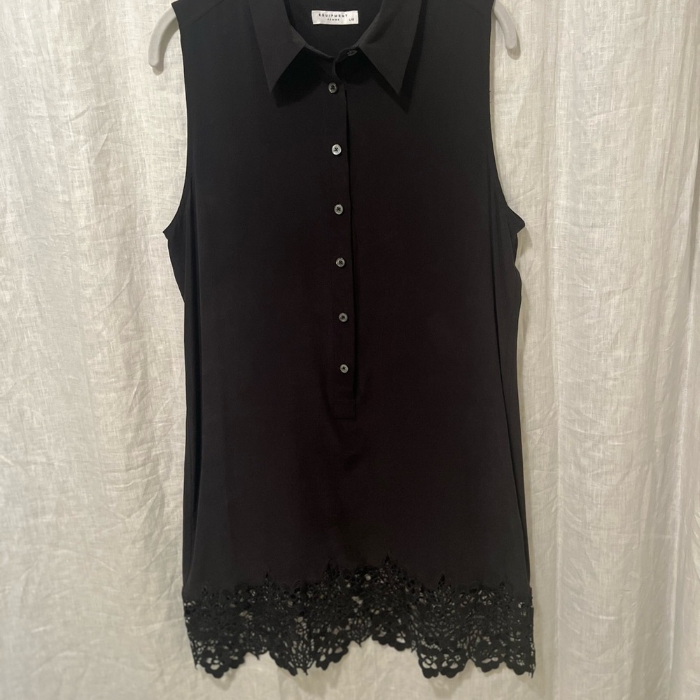 Silk shirt dress with beautiful lace trim. Transitions from day to night.